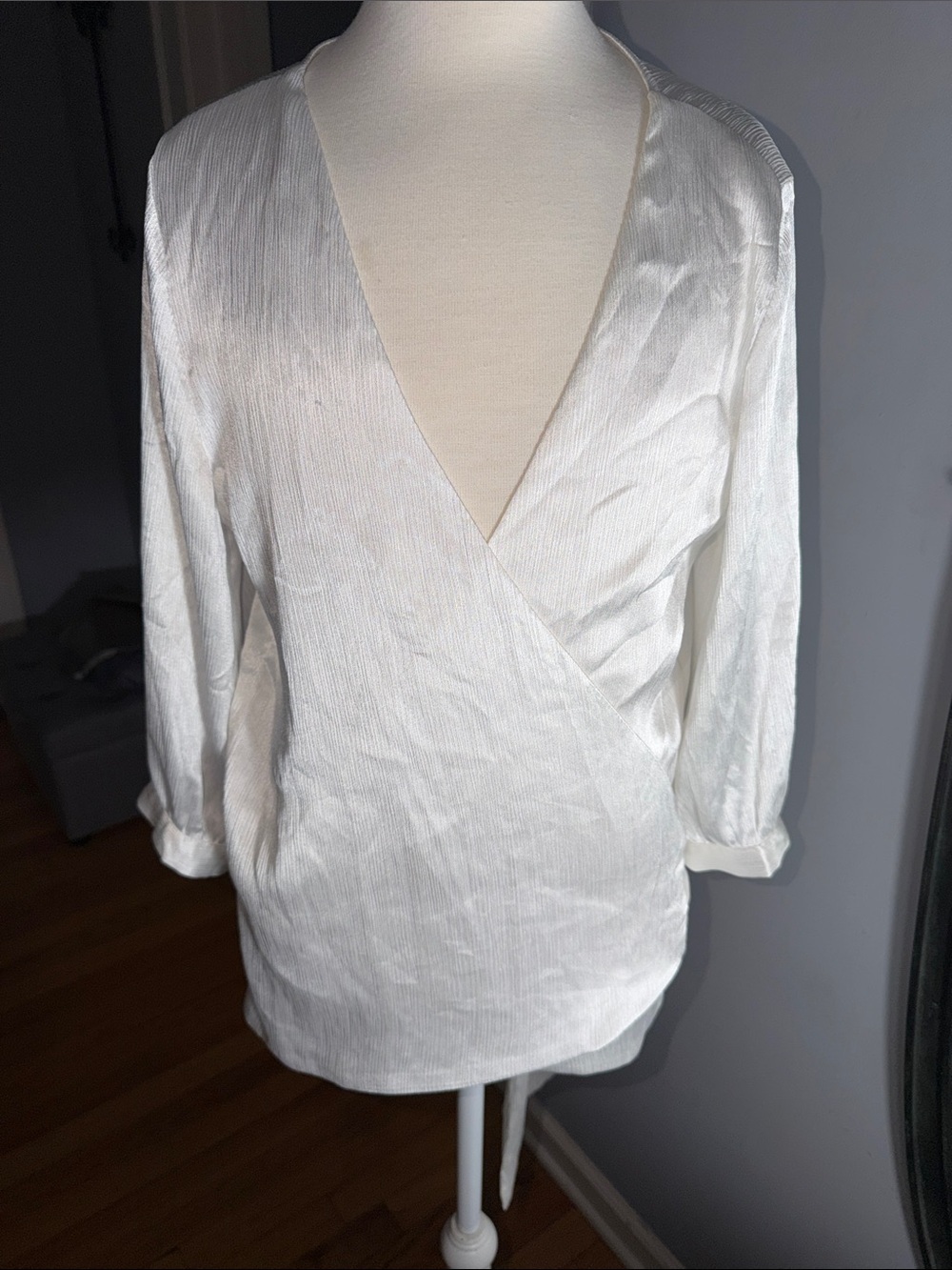 Elegant white Surplice Wrap Blouse with Long Sleeves